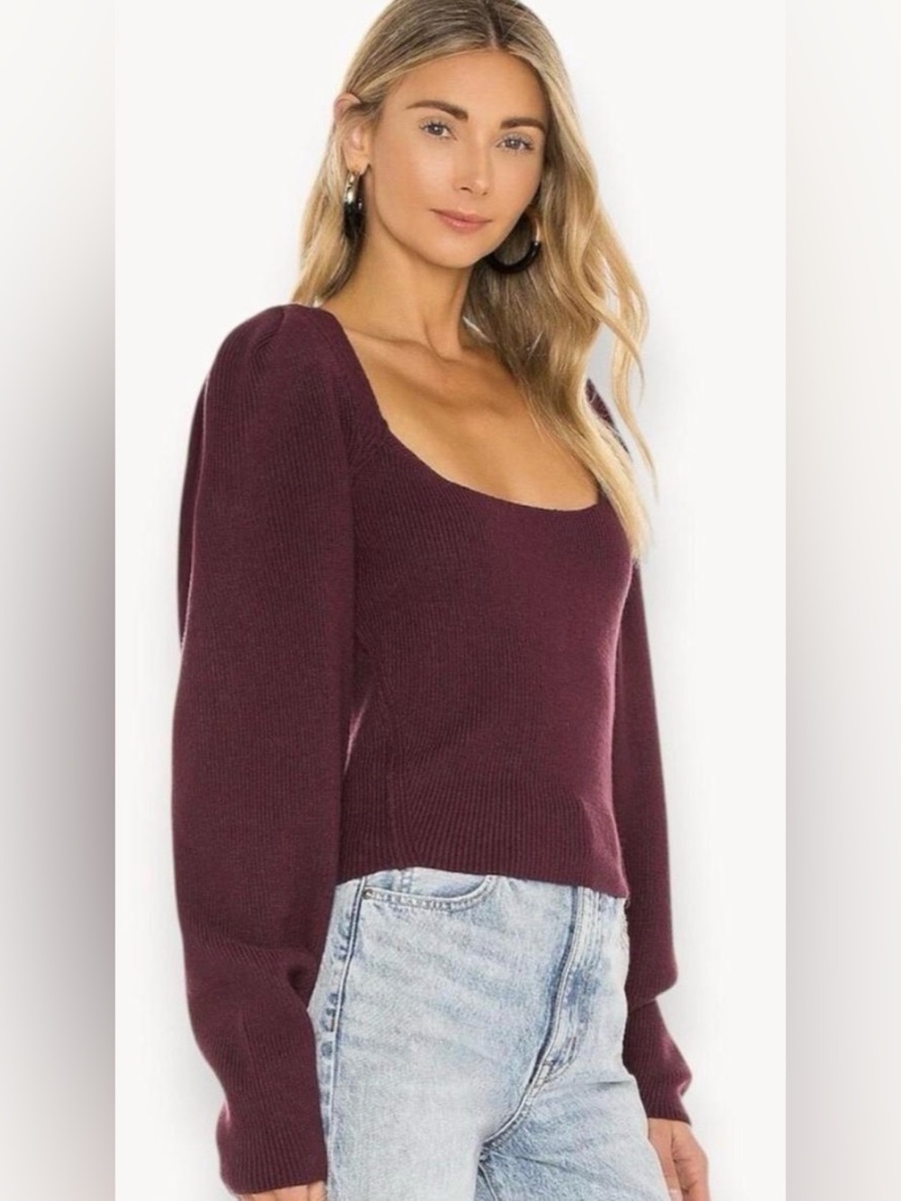 Free People Revolve Open Back Sweater Burgundy Women’s L Pleated Long Slv Flirty